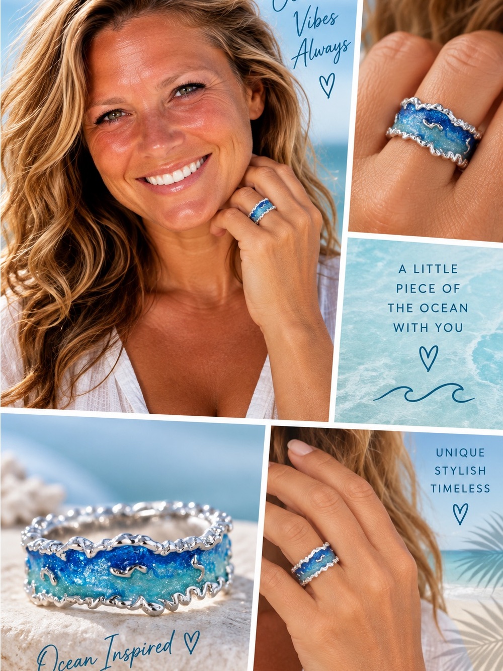 Tropical Wave Blue And Silver Asymmetrical Ring